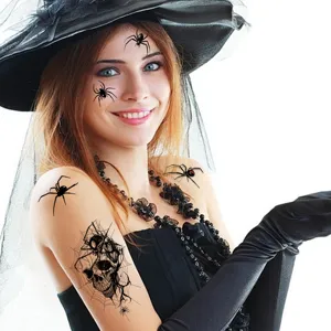 Halloween spider web skull temporary face arm tattoo sticker detail closeup display