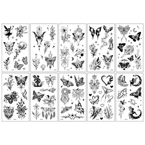 Ensemble de tatouages temporaires papillon noir et blanc, autocollants d'art corporel floral.