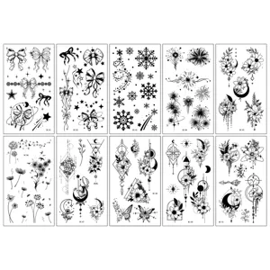 Ensemble de tatouages temporaires noirs et blancs, papillons et fleurs élégants art.