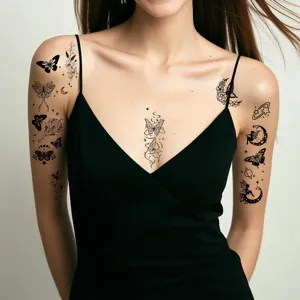 Autocollant de tatouage temporaire noir papillon floral fée design pour bras et poitrine mode