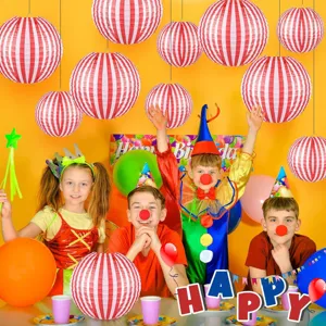 Circus theme red and white striped paper lanterns for party decoration and hanging decor details.