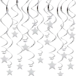 Décorations Suspendues en Spirale Étoile Argentée Métallique PVC Papier Serpentins Spirales de Plafond pour Anniversaire Mariage Fête