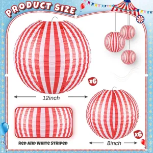 Red and white striped paper lantern detail showing 12 inch and 8 inch sizes for party decor.