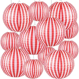 Red And White Striped Paper Lanterns Hanging Round Folding Lantern Decor For Circus Theme Kids Birthday Party Carnival Celebration