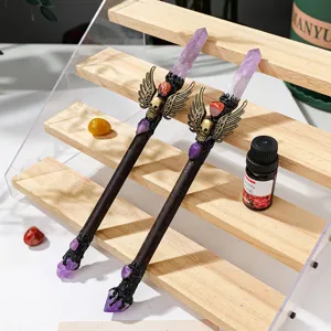 Scettro Magico in Pilastro di Cristallo Naturale Esagonale Gotico Vintage Legno Lega Scettro Halloween Bastone da Fata Festa Cosplay Ornamento Casa