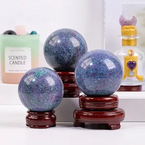 Natural Anyolite Crystal Ball Sphere Ornament Ruby in Zoisite Polished Stone With Wooden Base Home Office Desk Decor Gift