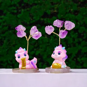 Cute zodiac dragon amethyst money tree ornament with crystal cluster and agate base for home decor