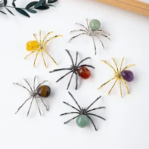Natürliche Kristall Stein Spinne Tier Ornament Metall Draht Handgefertigte Spinne Figur Für Halloween Party Tischdeko Handwerk Geschenk