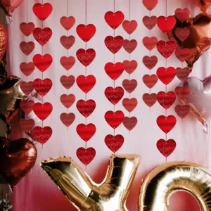 Valentine's Day red heart hanging garland string for party and wedding decoration.