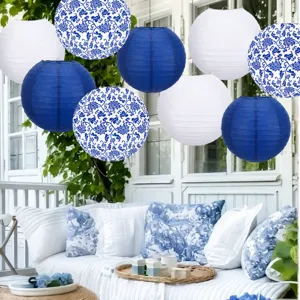 Blue And White Porcelain Paper Lanterns Set Round Hanging Lanterns For Wedding Party Birthday Classroom Room Decor