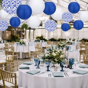 Blue and white porcelain paper lanterns detail for wedding party decoration and hanging decor.