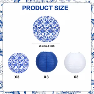 Blue and white porcelain paper lanterns set, 25cm Chinese style hanging decorations for party.