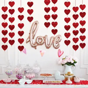 Valentine heart hanging garland decoration wedding party red glitter heart shaped banner for room layout