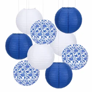 Blue and white paper lanterns set, hanging round Chinese style decor for wedding party