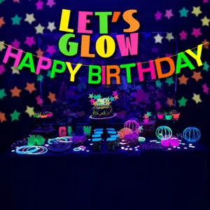 Bandera de Cumpleaños de Fiesta de Neón Let's Party Let's Glow Happy Birthday Guirnalda de Papel Colorida Decoración de Fiesta