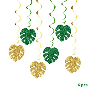 Hawaiian tropical party hanging swirl decorations with glitter monstera leaves, 6 pieces.