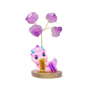 Zodiac Dragon Amethyst Crystal Tree Ornament Agate Slice Base Feng Shui Tree Decor