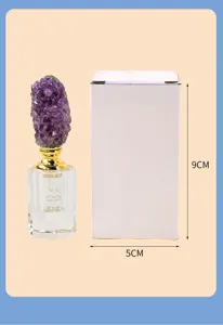Flacone di profumo in cristallo di ametista naturale, bottiglia contagocce vuota con scatola.