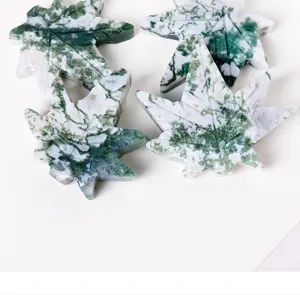 Natural Moss Agate Maple Leaf Carving Crystal Gemstone Mineral Specimen Home Decor Desk Ornament
