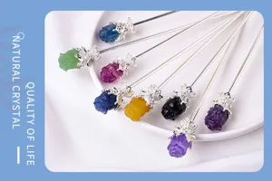 Natural crystal rose hairpin colorful fluorite carved ancient style Hanfu hair accessory detail.