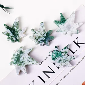 Natural moss agate leaf crystal carving green crystal stone home decor desktop ornament