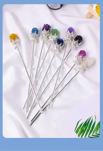 Natural crystal rose hairpin colorful fluorite carved ancient style hair accessory 1pc