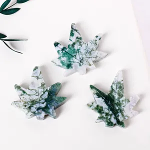 Natural moss agate crystal maple leaf carved stones, polished home decor desktop crystal ornaments.