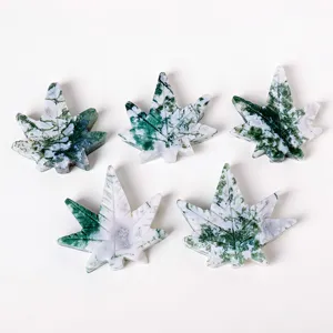Natural crystal moss agate maple leaf carving gemstone decor pieces for home desktop use