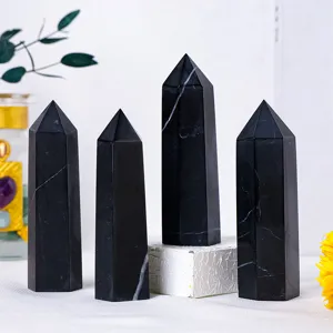 Natuurlijke shungiet kristal zuil zeshoekige toring energie decoratie voor thuis 4 stuks