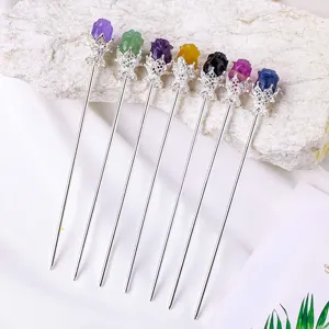 Natural Crystal Rose Flower Hairpin Colorful Fluorite Carved Ancient Style Hanfu Hair Stick