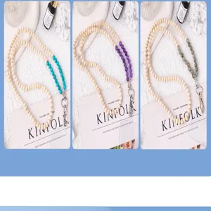 Natural crystal wooden bead phone lanyard crossbody strap handmade beaded key chain