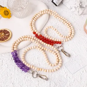 Natural Crystal Round Bead Phone Lanyard Handmade Wood Bead Crossbody Mobile Phone Strap Keychain For Women Phone Accessories