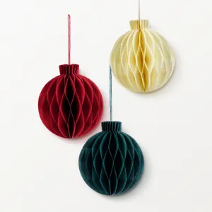 Details of hanging honeycomb paper balls, festive party decor elements close up view