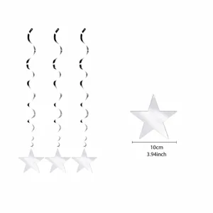 Vue détail de spirales suspendues étoile argentée, accessoires de fête, taille 10cm.