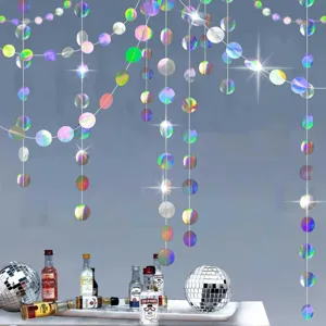 Holographic round paper circle garland for disco party, baby shower, and wedding decor.