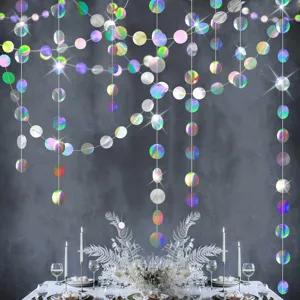 Holographic circle paper garland detail view, perfect for wedding, party and disco decoration.