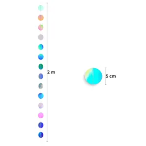 Iridescent holographic circle paper garland detail showing 2m length and 5cm diameter disc for party.