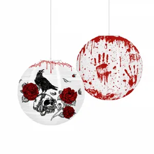 Halloween hanging paper lanterns with scary skull crow roses and bloody handprint designs.