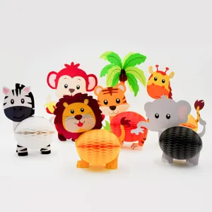 Jungle Animal Honeycomb Centerpieces 3D Standing Safari Zoo Party Decorations Cartoon Paper Table Toppers For Kids Birthday