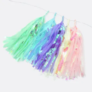 Detailed close-up view of colorful iridescent tassel garland for party and wedding decoration.