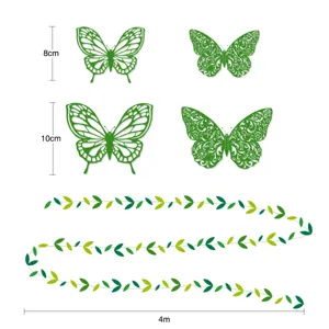 Green paper butterfly and leaf garland detail showing 8cm 10cm sizes and 4m total length.