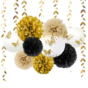 Gold black paper flower lantern set hanging decorations for party wedding birthday decor