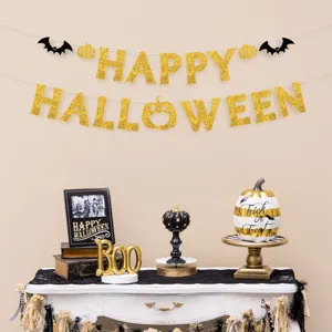 Halloween glitter gold letter banner garland for party decoration and spooky holiday setup.