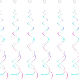 Detail view of colorful spiral hanging decorations, glossy gradient PVC party ceiling display.