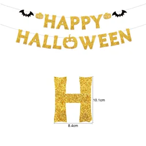 Close-up detail of Halloween gold glitter letter banner showing clear size dimensions.