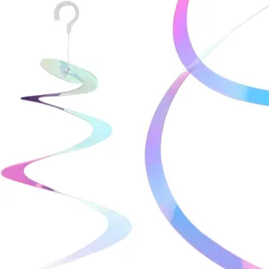 Iridescent PVC double spiral hanging decoration detail view showing holographic gradient colors.