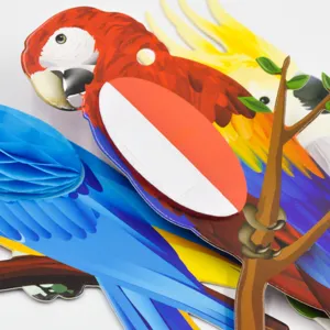 Tropical parrot paper honeycomb decoration detail showing colorful party hanging props.