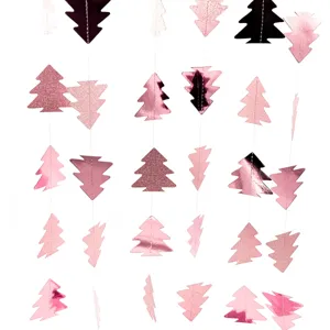 Pink black Christmas tree paper garland hanging decorations for festive holiday decor.