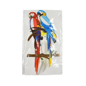 Close-up detail view of 3D parrot paper honeycomb balls, colorful animal hanging decor.