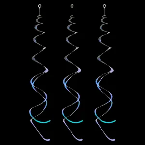Detailed view of iridescent PVC double spiral hanging decorations for party ceiling.